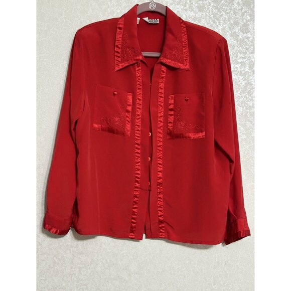 Vintage Christie & Jill Red Button Up Blouse Satin Trim Embroidered Petite 14P - Picture 1 of 9